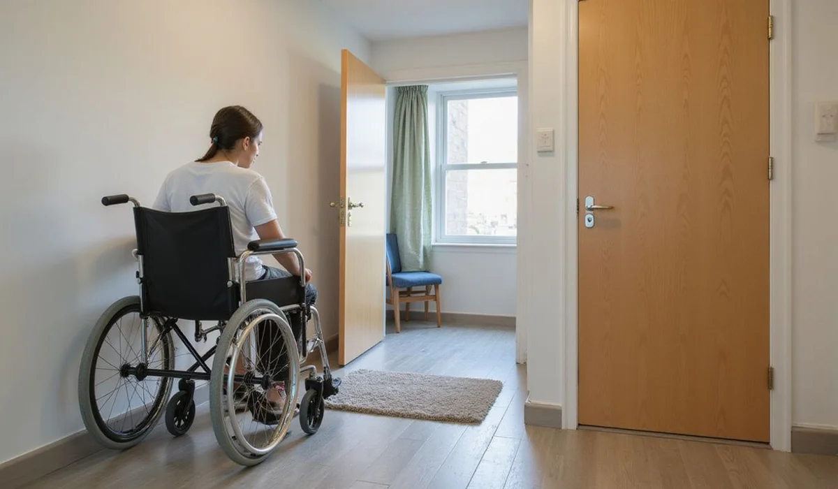 Accessible feature icons: ramp, grab bars, wide doors