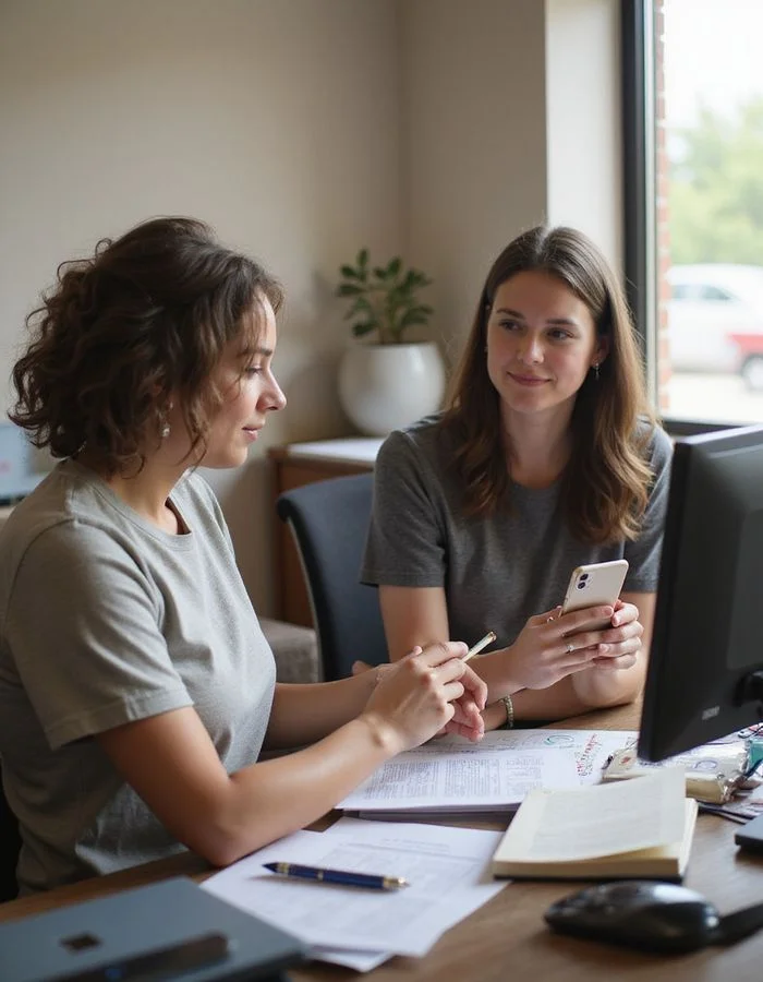 Licensed Texas real estate team reviewing income restricted apartment matches at their office
